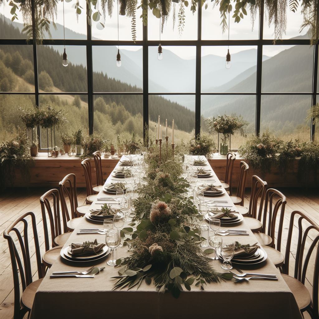 A beautifully arranged wedding banquet table set in a room with large windows offering a breathtaking view of layered mountains. The table is adorned with a lush greenery centerpiece, complemented by wooden accents and soft natural lighting, creating an intimate and rustic atmosphere. Elegant place settings complete the scene, awaiting guests for a memorable celebration.